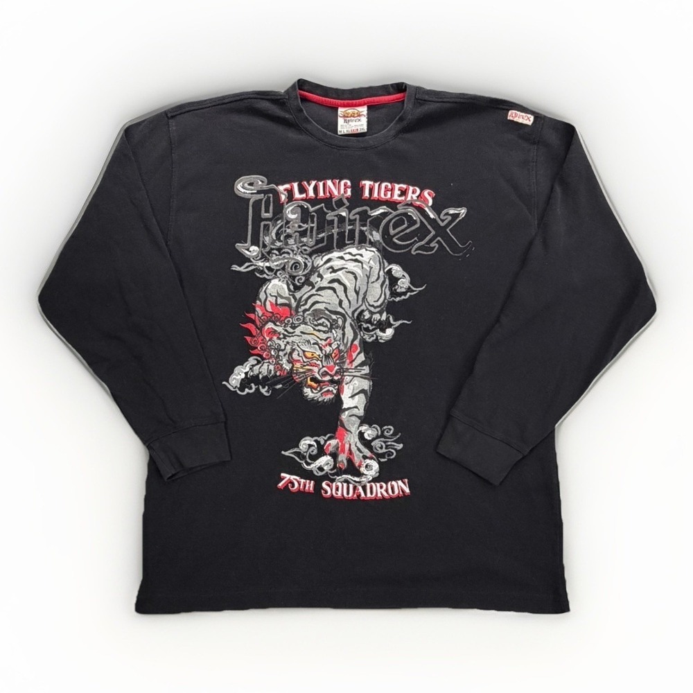 Vintage Avirex Shirt Men's XXL Black Flying Tigers Graphic Print Waffle LS Shirt